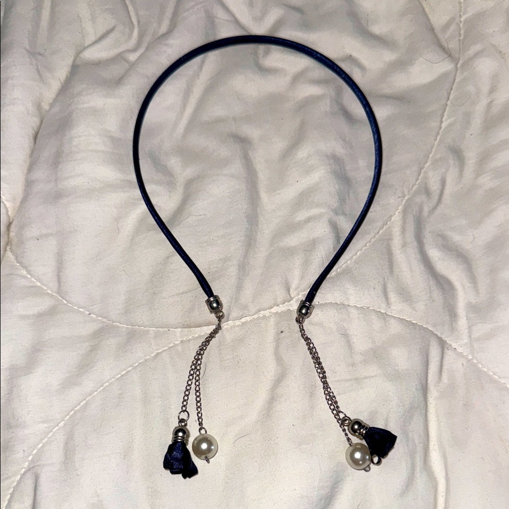 Elegant Blue Headband with Tassels and Pearls